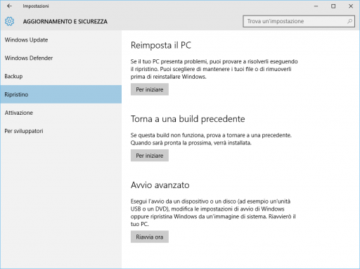 Reimposta il PC Windows 10