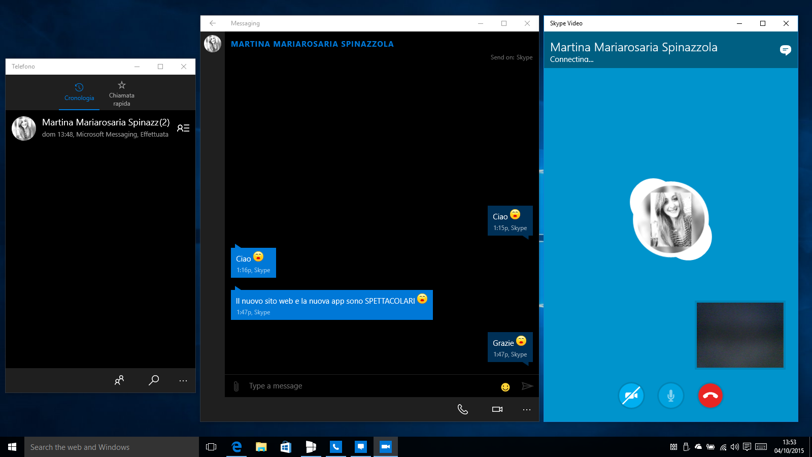 App Messaggi, Telefono e Skype video - Windows 10 10558