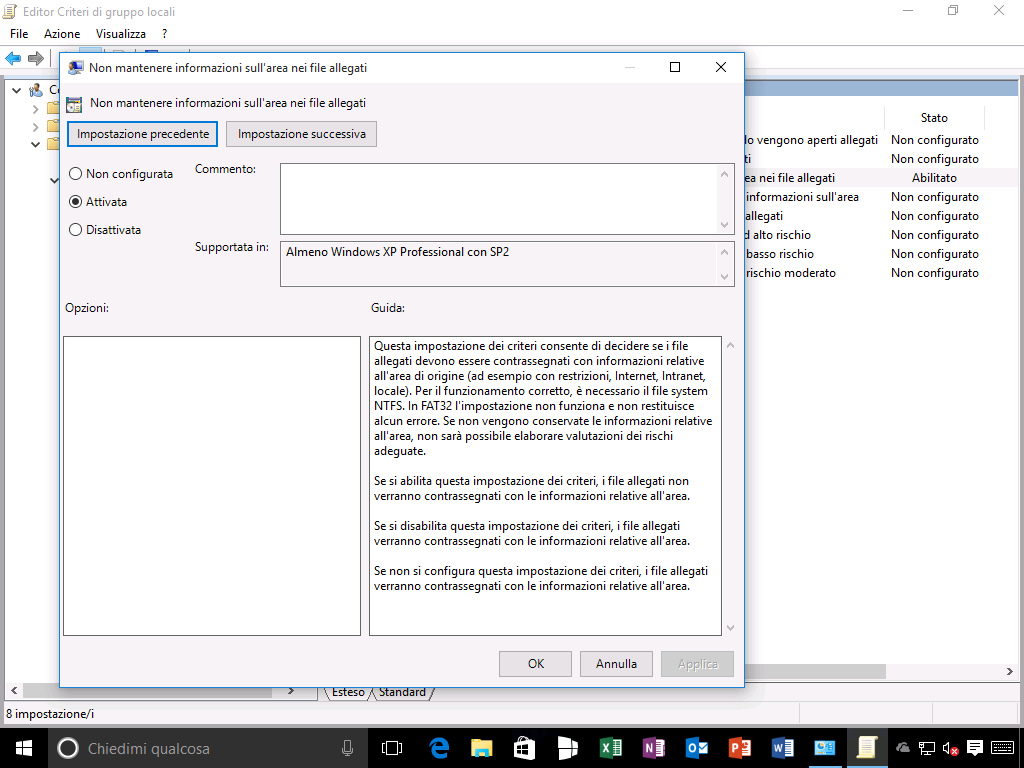Editor Criteri di gruppo locali - Non mantenere informazioni sull'area nei file allegati - Windows 10
