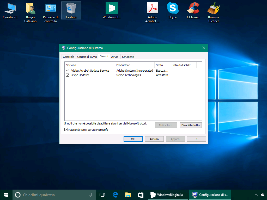 Disattivare i servizi - Windows 10