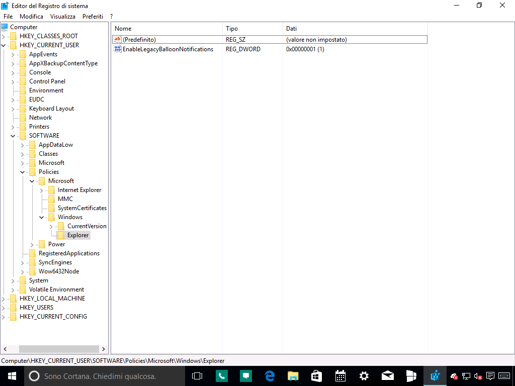 Notifiche a palloncino - regedit