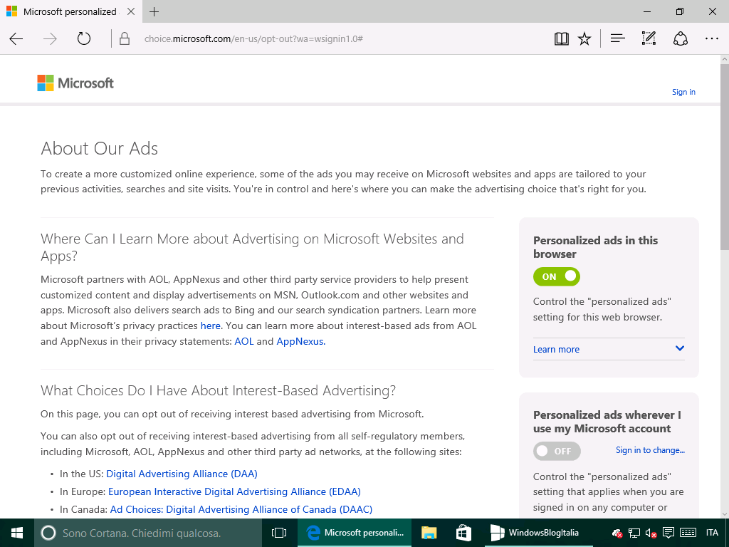 Disattivare pubblicita Account Microsoft