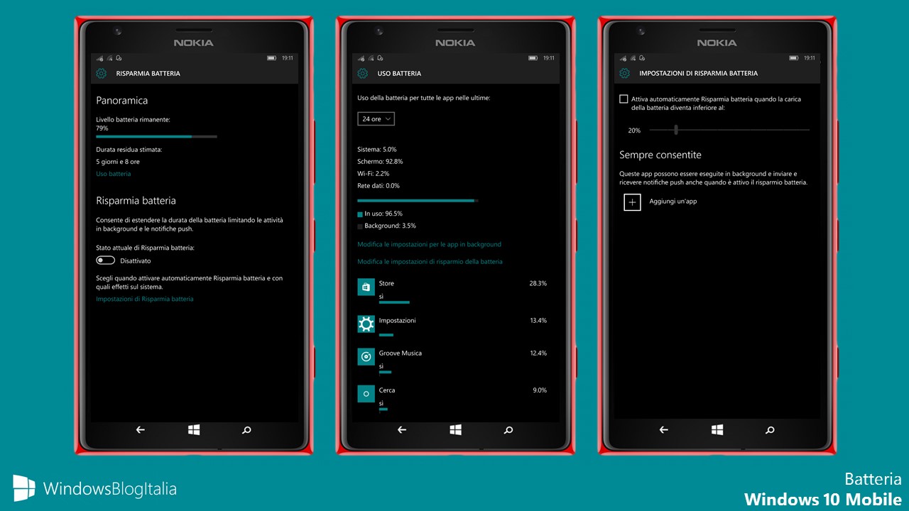 Risparmia batteria - Windows 10 Mobile