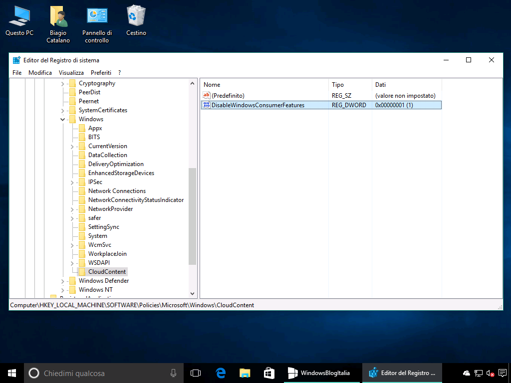 DisableWindowsConsumerFeatures - regedit