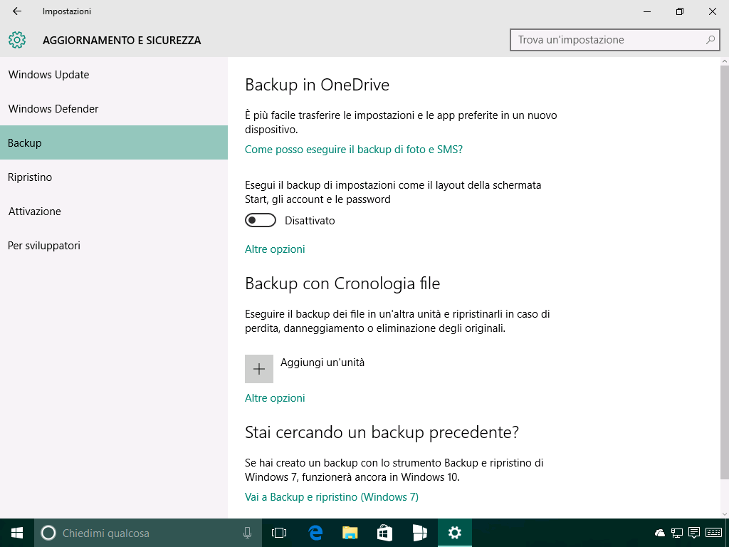 Backup schermata Start, account, password Windows 10