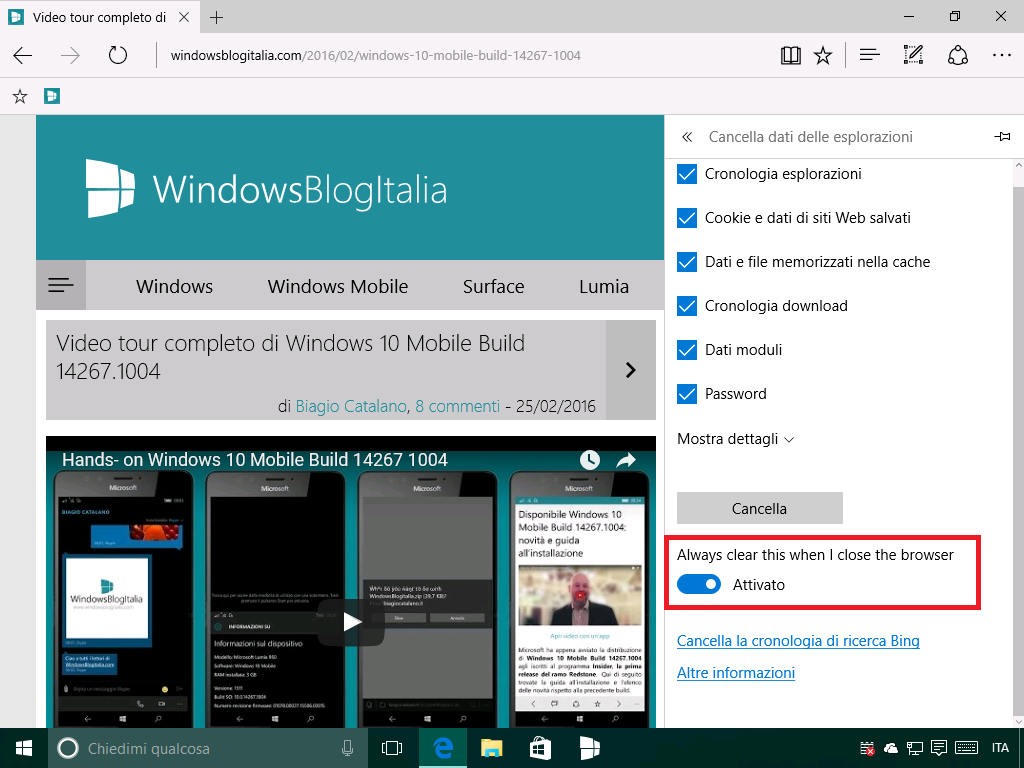 Cancellare la cronologia quando si chiude Microsoft Edge