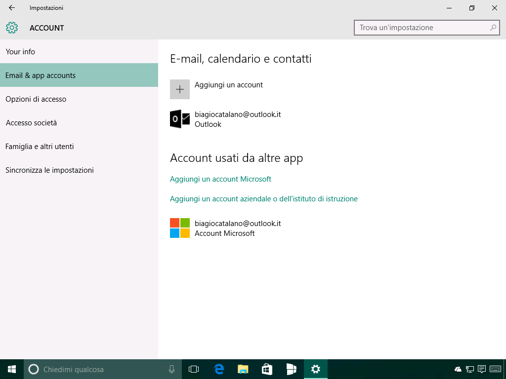 Impostazioni - Account - Email e app accounts - Windows 10 14271