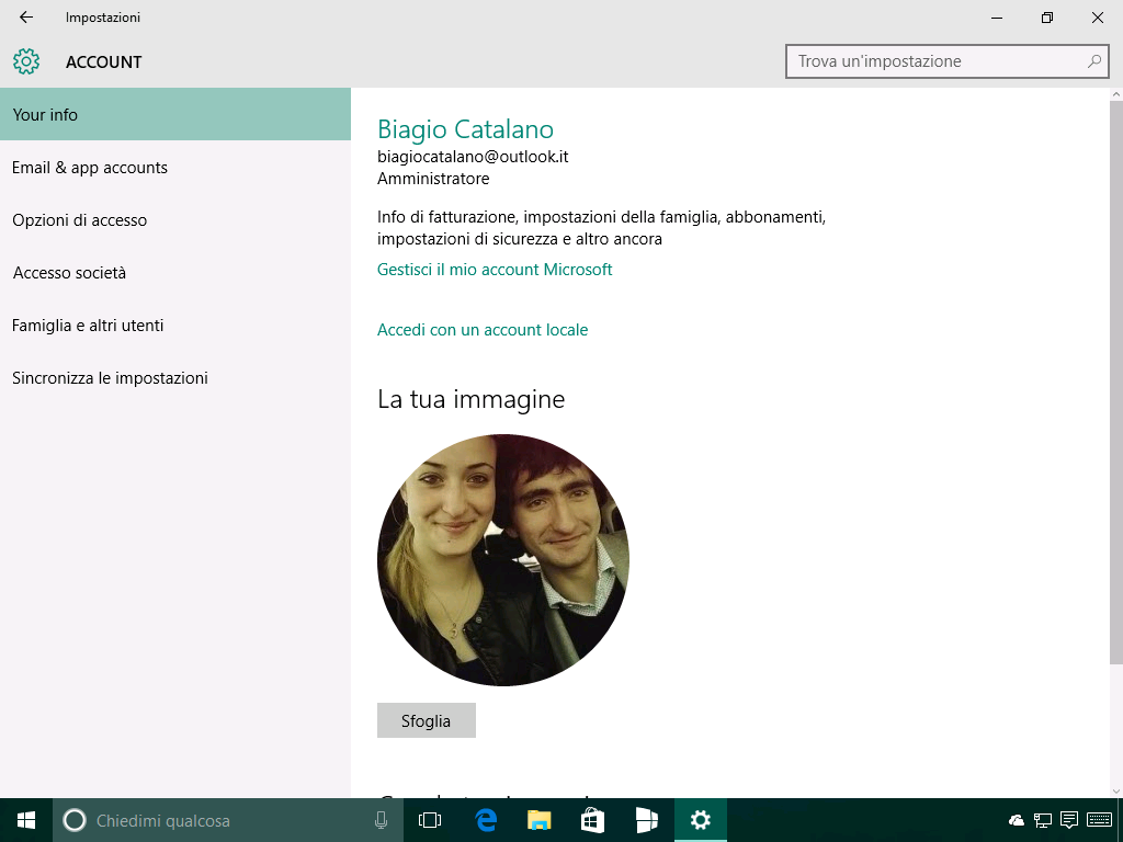 Impostazioni - Account - Your info - Windows 10 14271