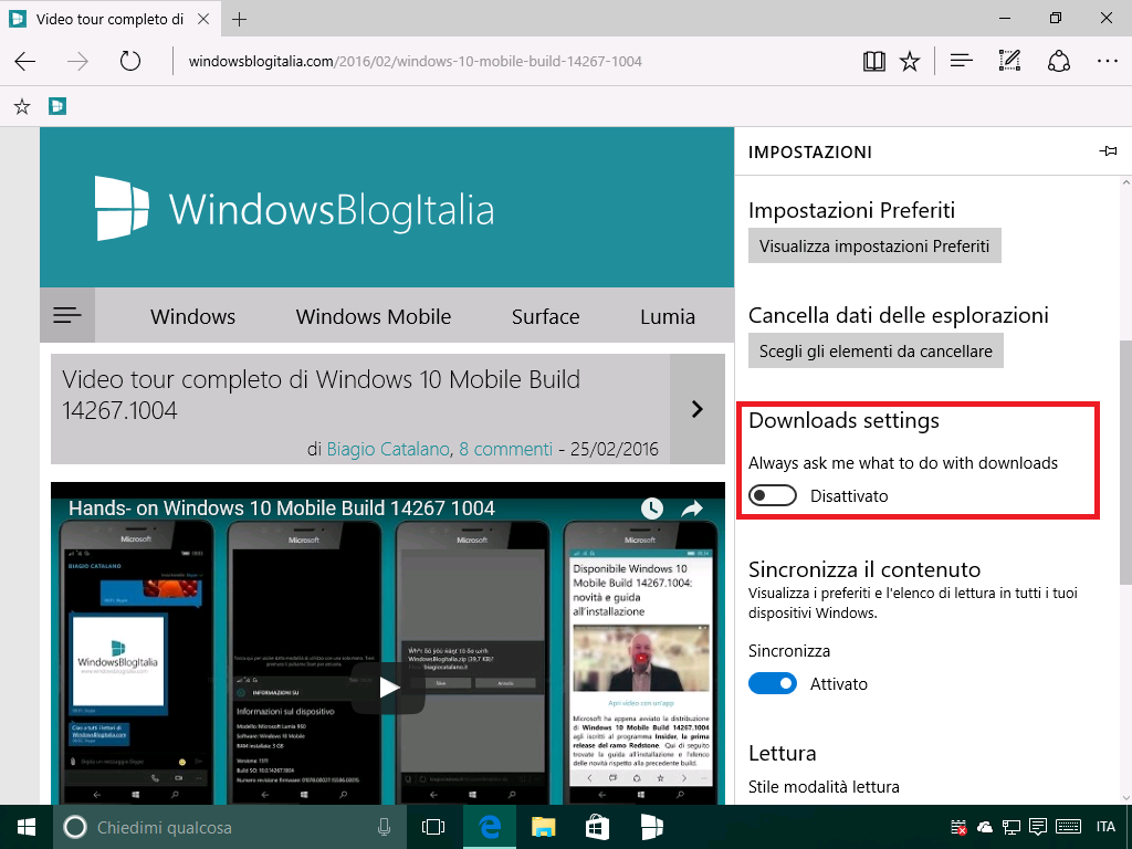 Impostazioni download Microsoft Edge