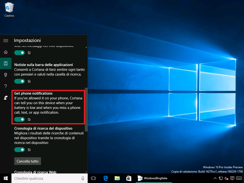 Cortana - Notifiche smartphone su PC