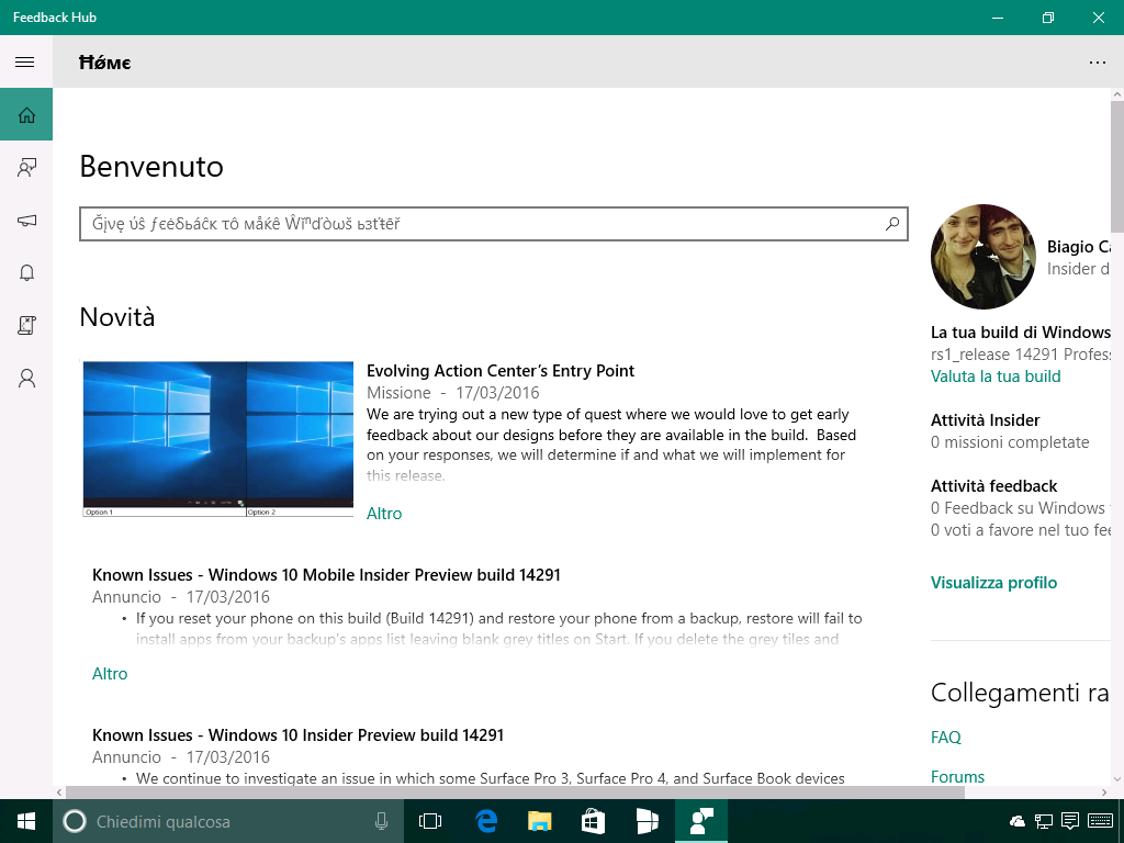 Feedback Hub - Windows 10 Build 14291