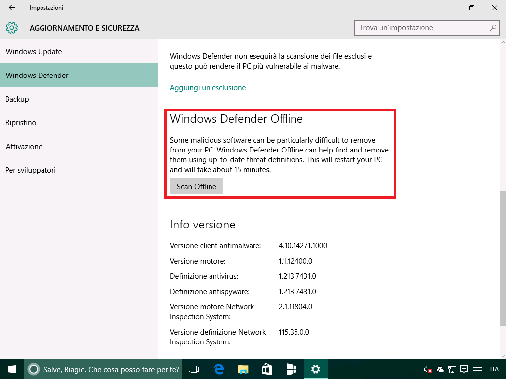 Windows Defender - Scansione Offline