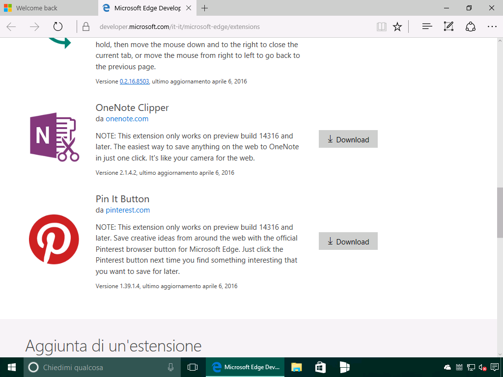 Estensioni Microsoft Edge - OneNote Clipper e Pin It Button