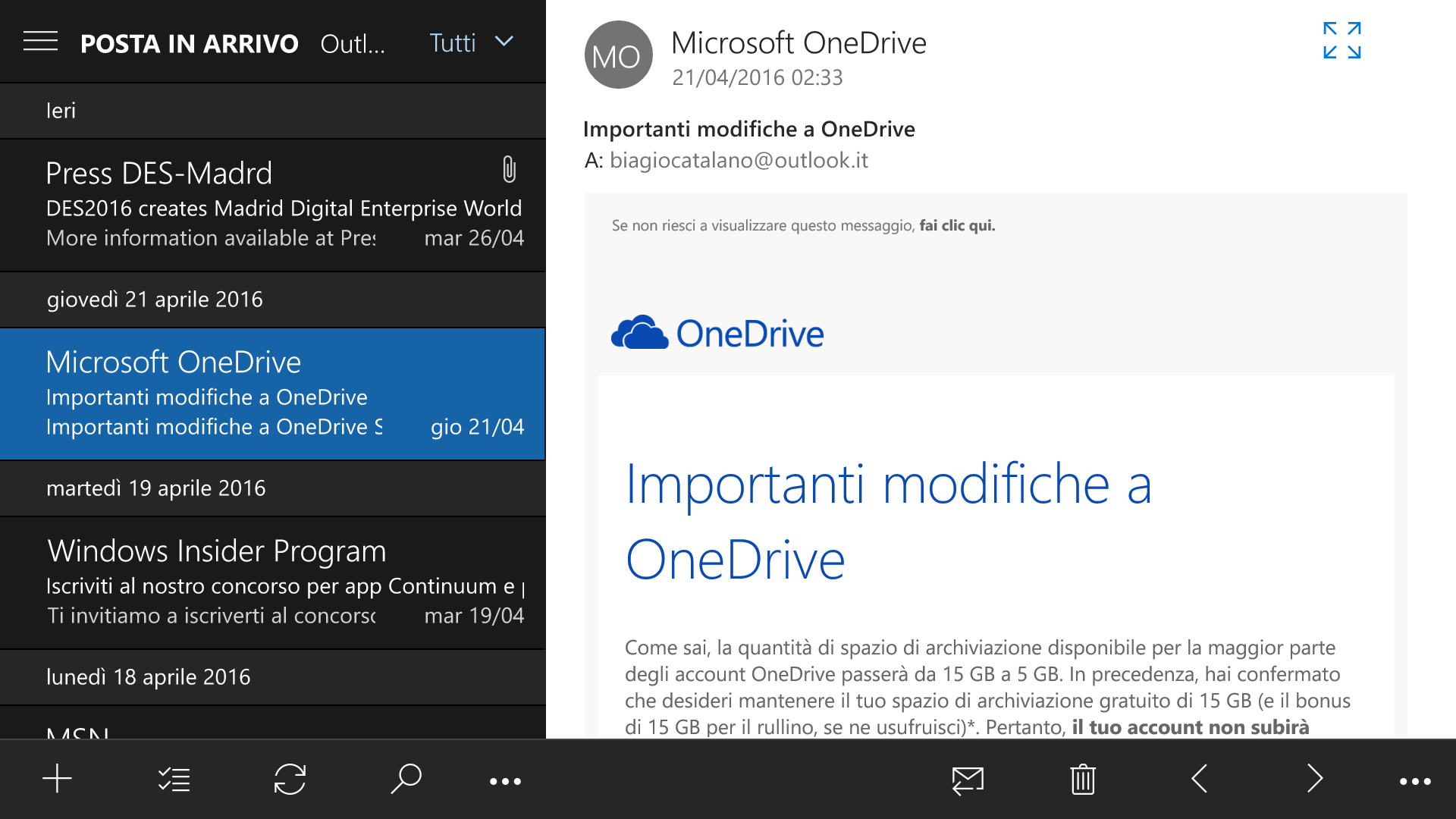 Posta Outlook - Windows 10 Mobile 14332.1001