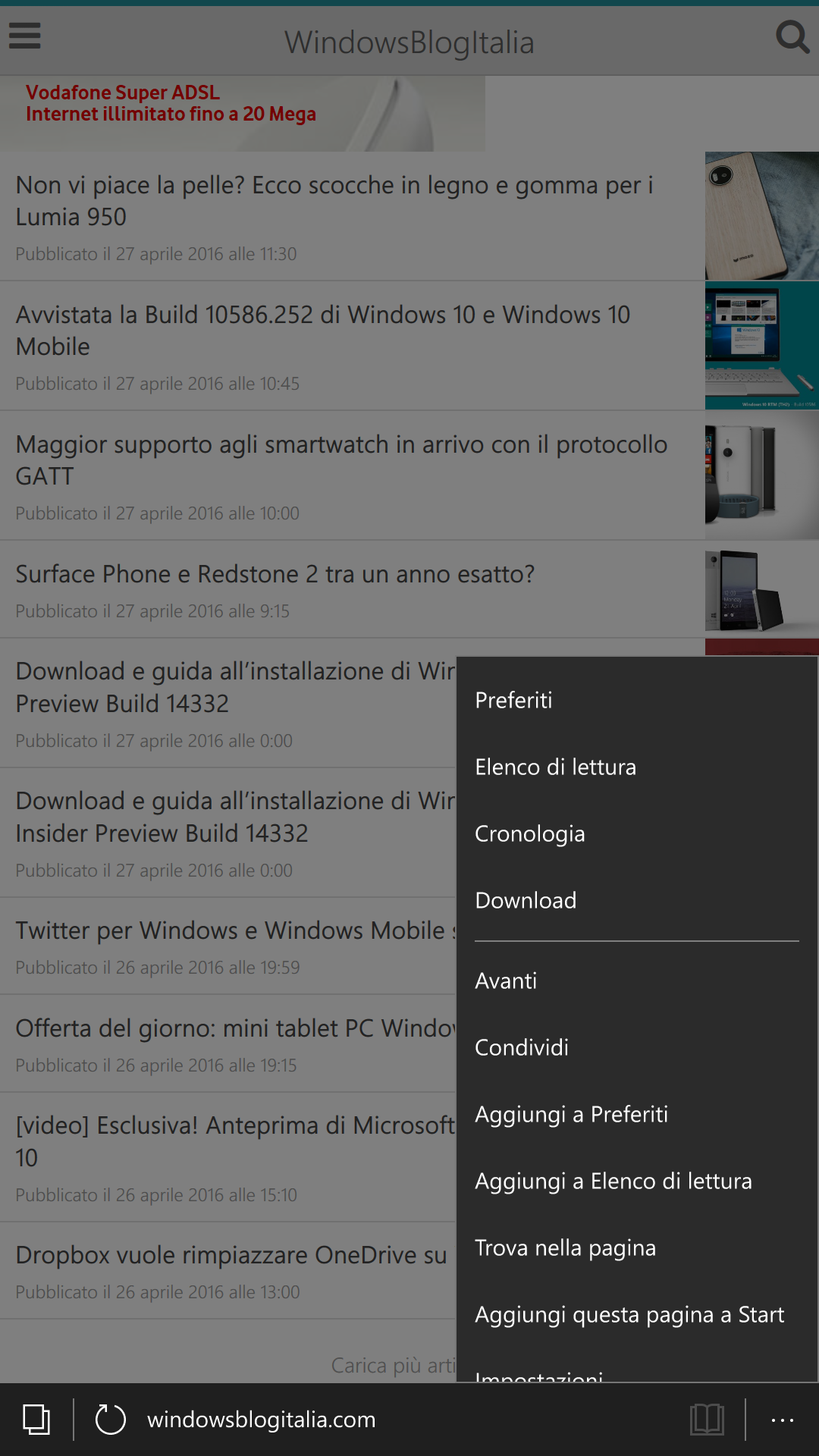 Pulsanti Microsoft Edge - Windows 10 Mobile 14332.1001