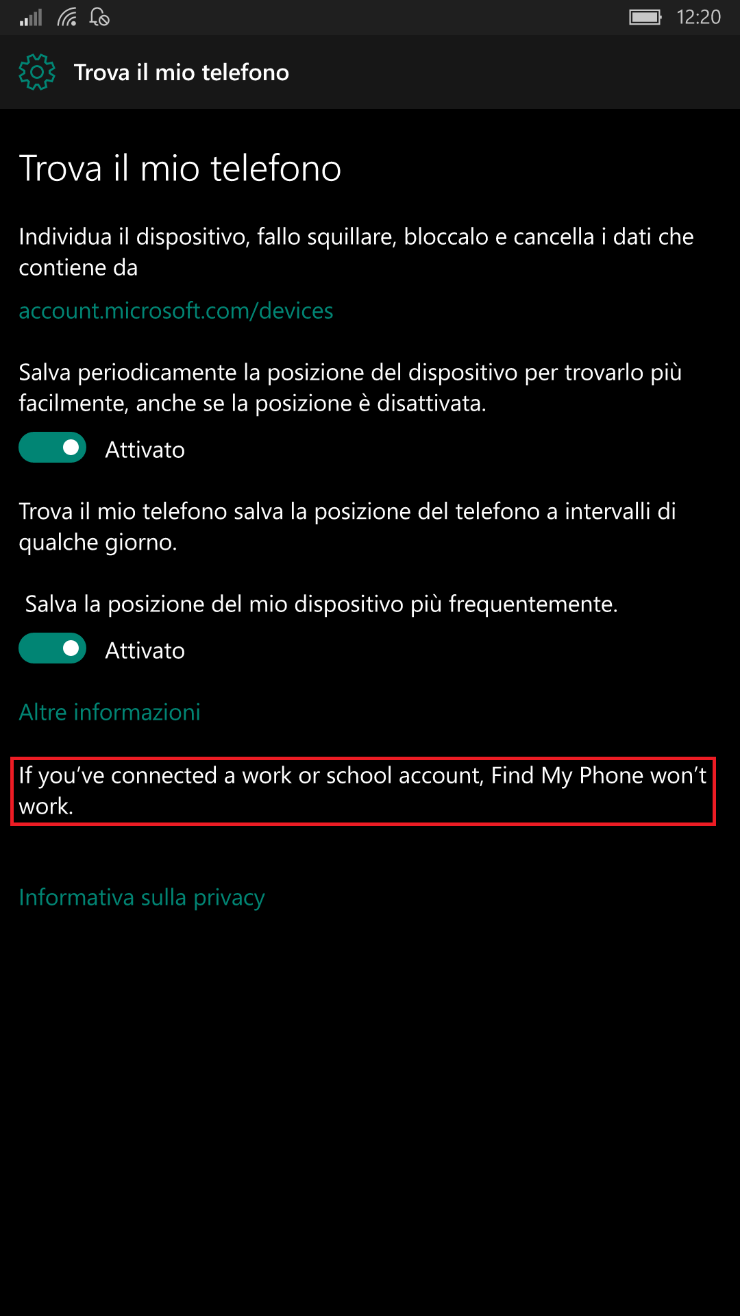 Trova il mio telefono - Windows 10 Mobile 14332.1001