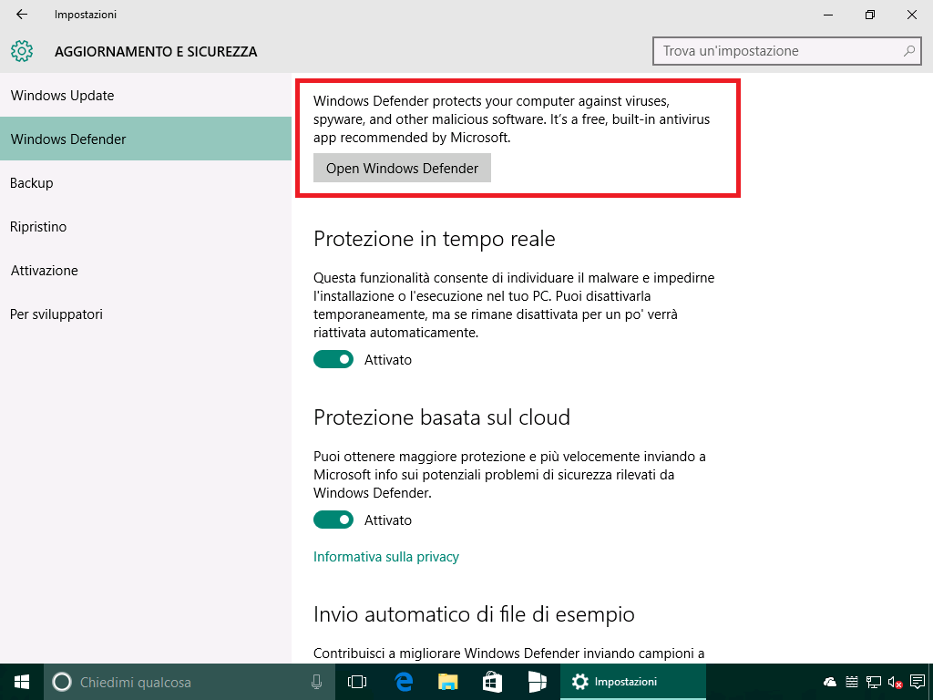 Windows Defender - Apri Windows Defender