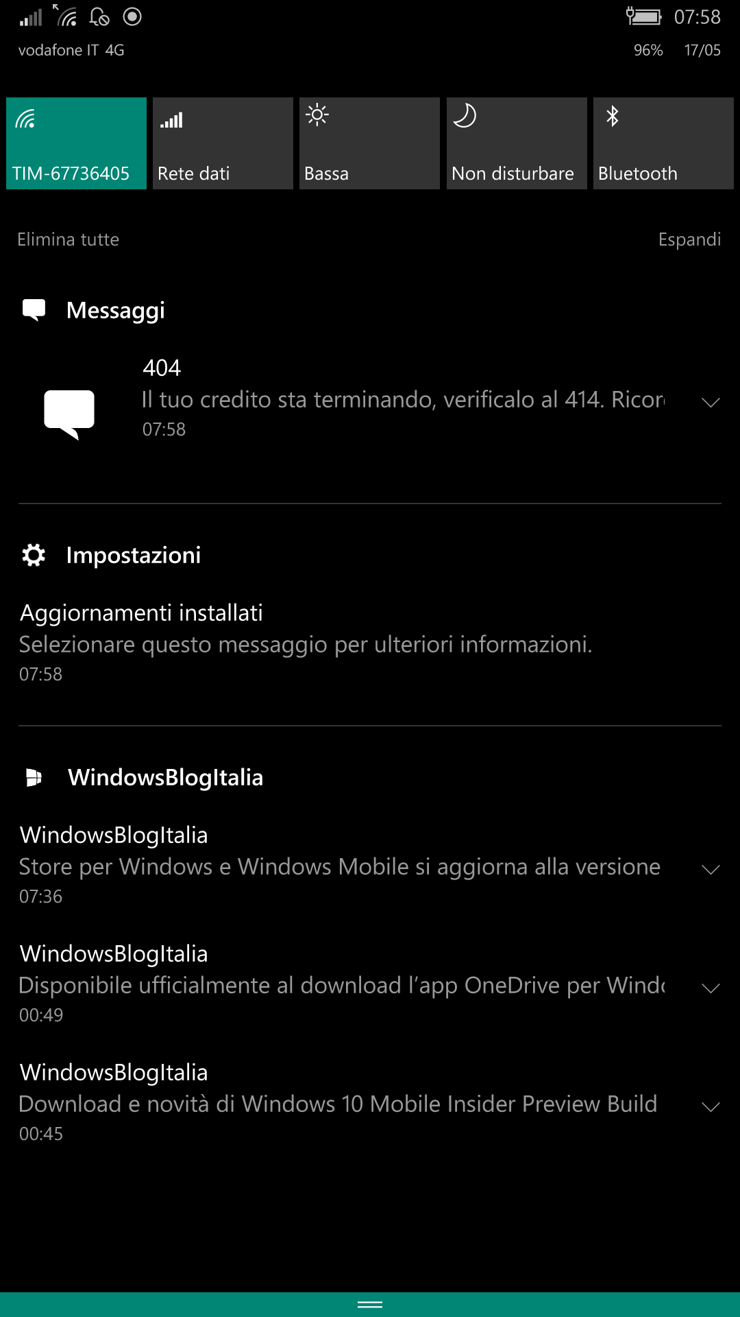 Centro notifiche - windows 10 mobile 14342
