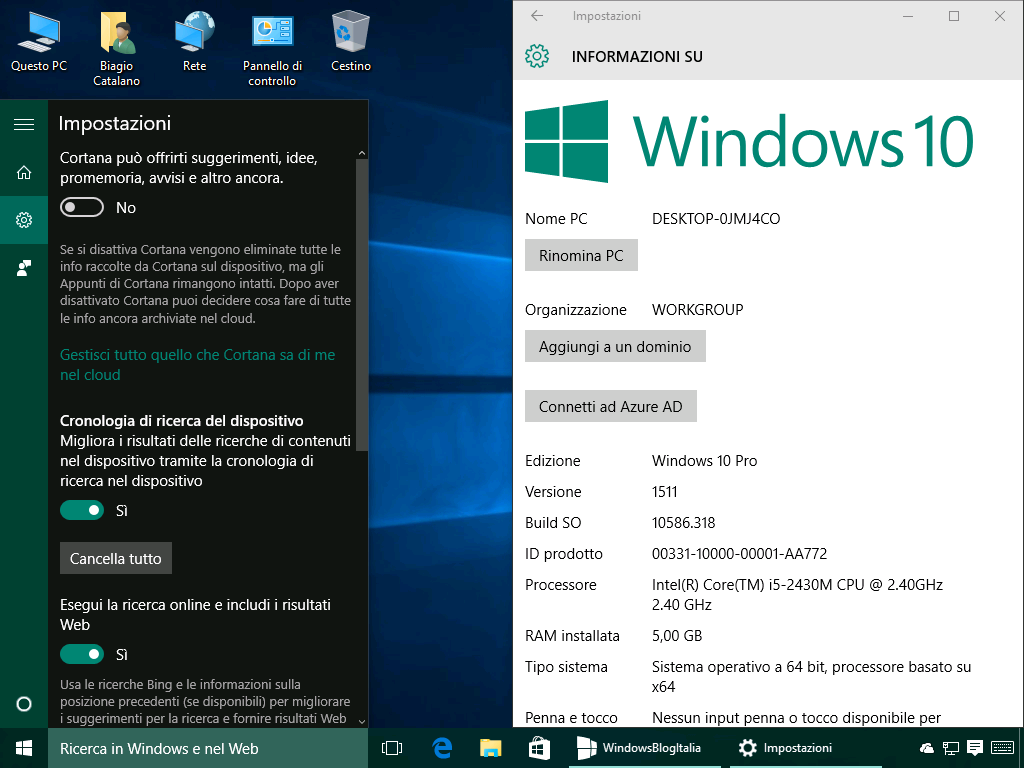 Disattivazione Cortana - Windows 10 build 10586.318