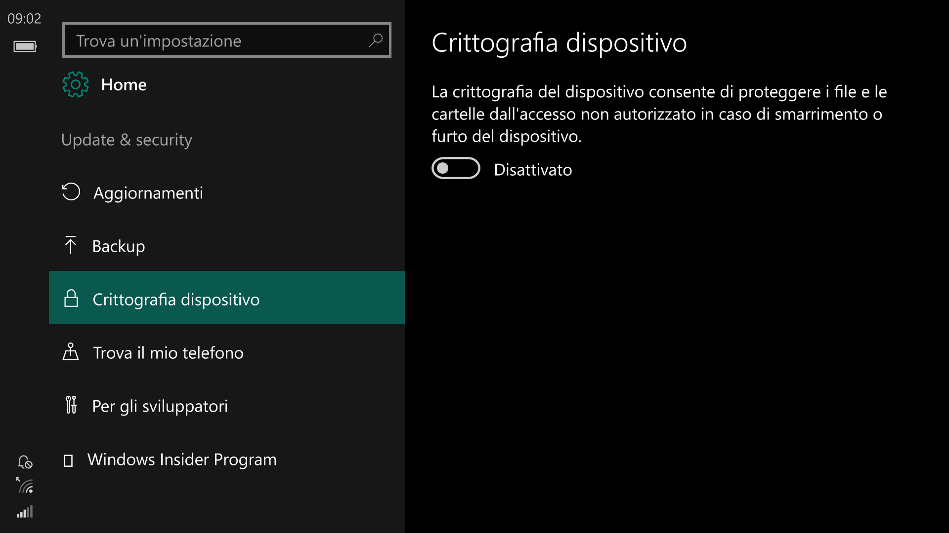 Impostazioni - Windows 10 Mobile 14342 - Crittografia dispositivo