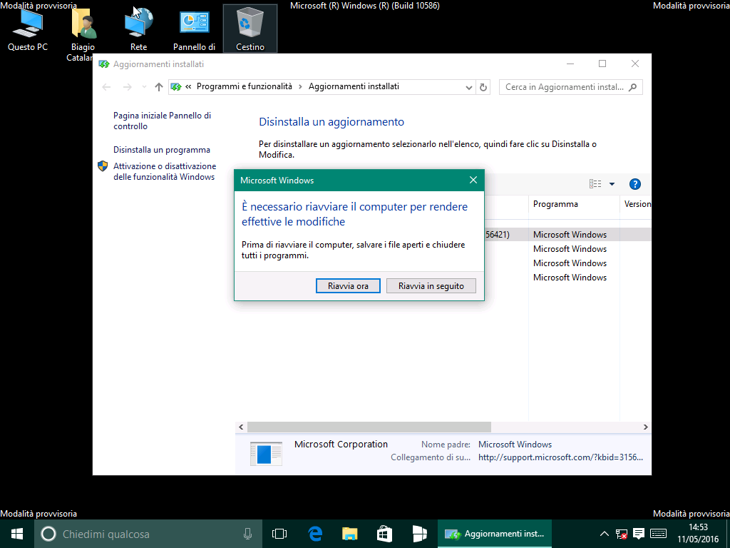 disinstallare aggiornamento KB3156421 - riavviare sistema