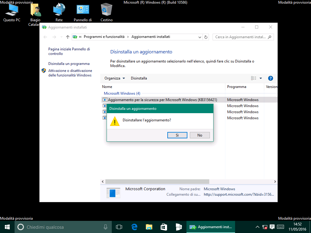 disinstallare aggiornamento KB3156421