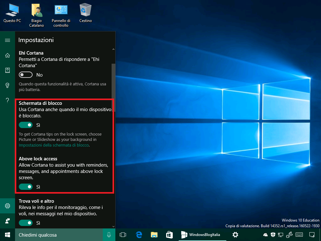 nuove opzioni cortana schermata di blocco