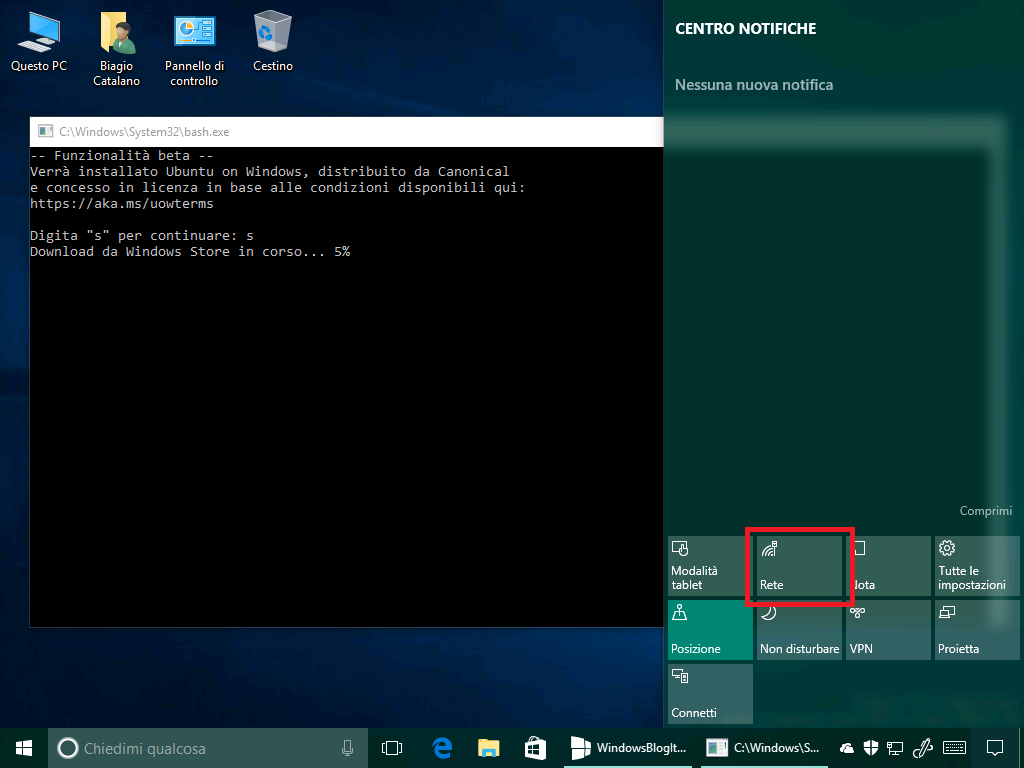 Icona rete + bash - windows 10 14361