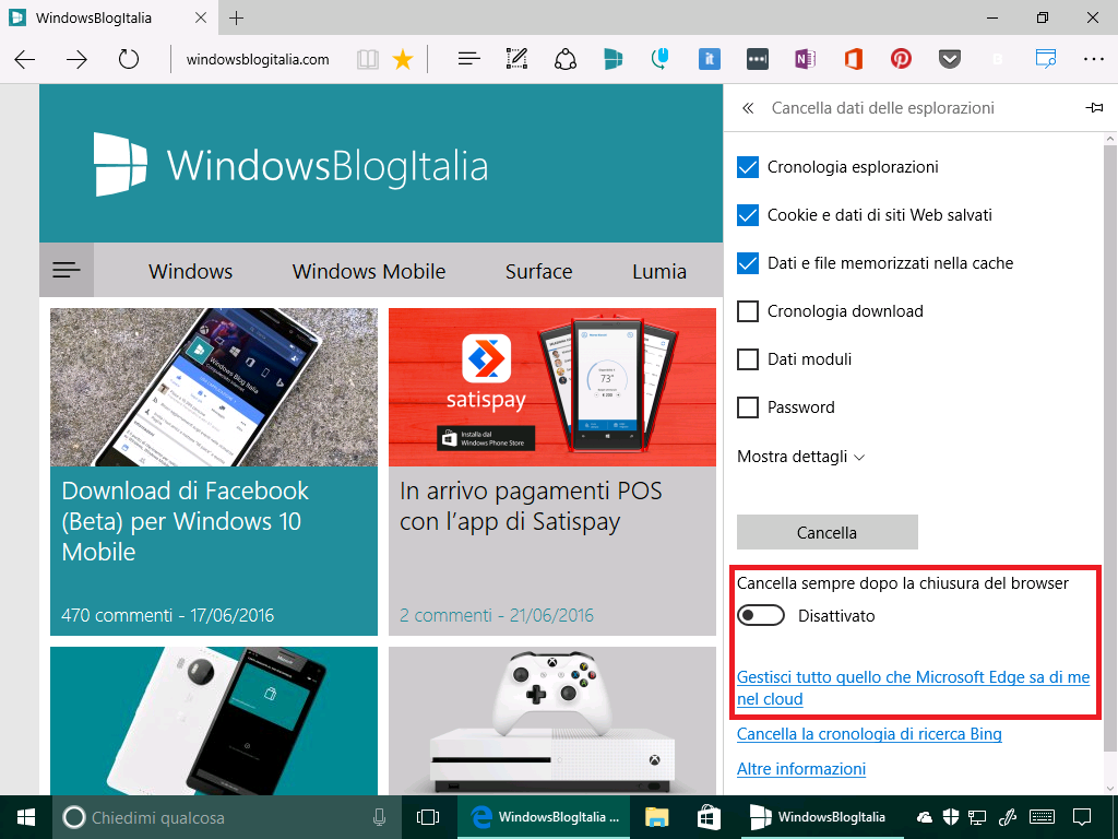 Microsoft Edge - Dati di navigazione + dati cloud