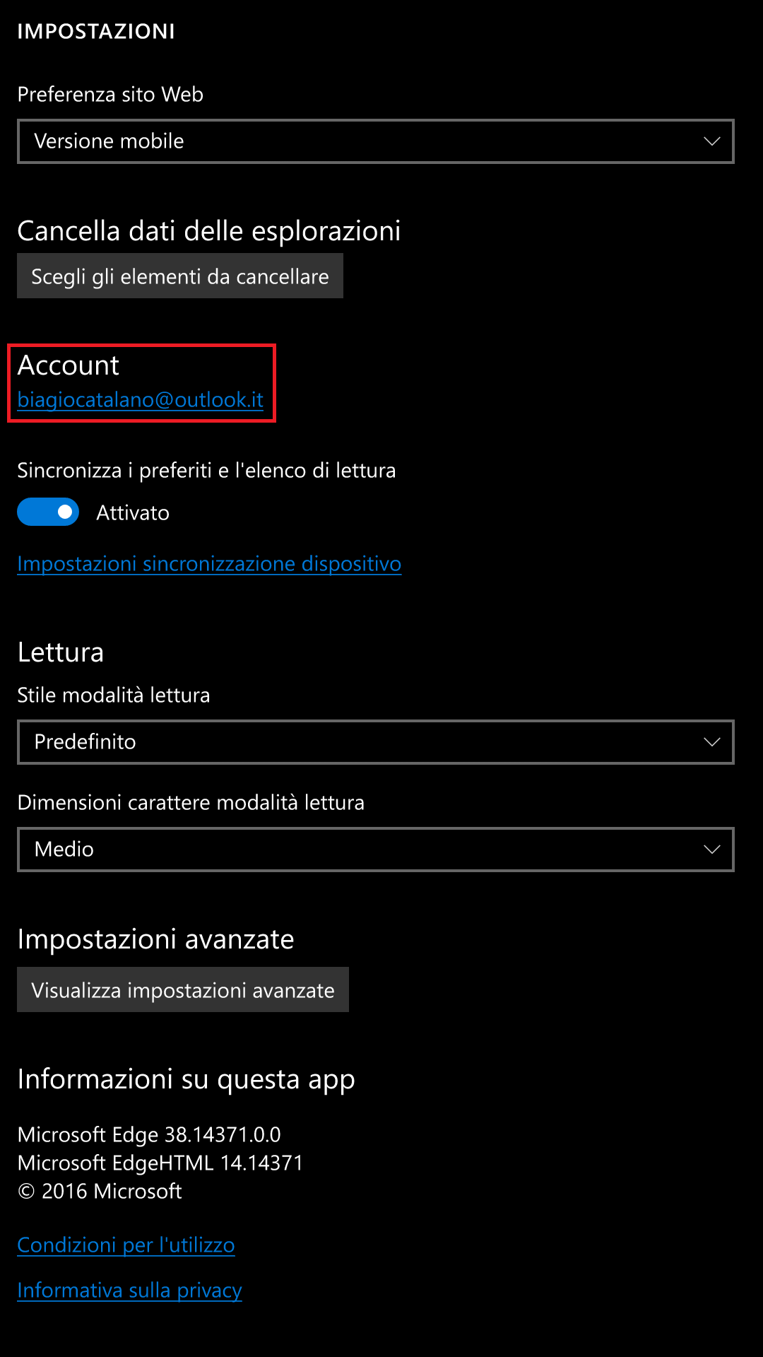 Microsoft Edge - Windows 10 Mobile - account
