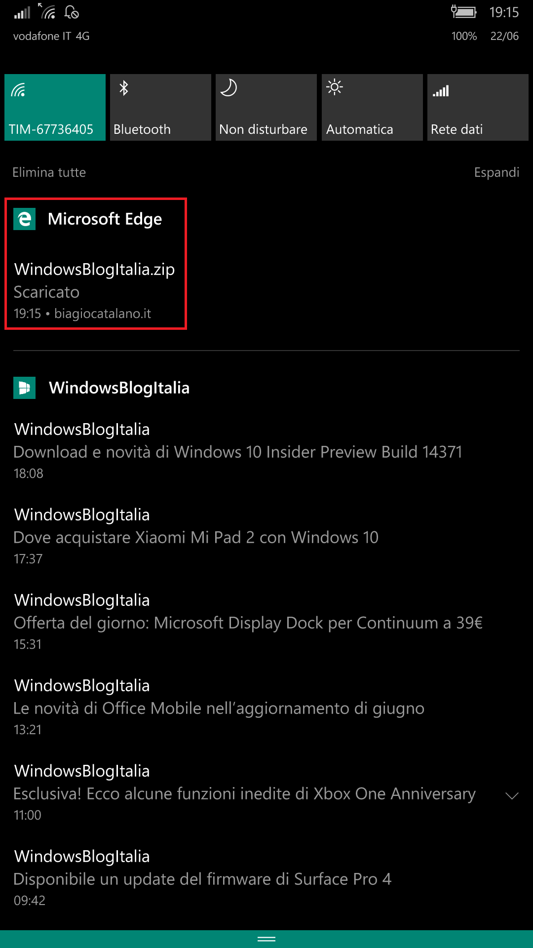 Microsoft Edge - Windows 10 Mobile - download centro notifiche