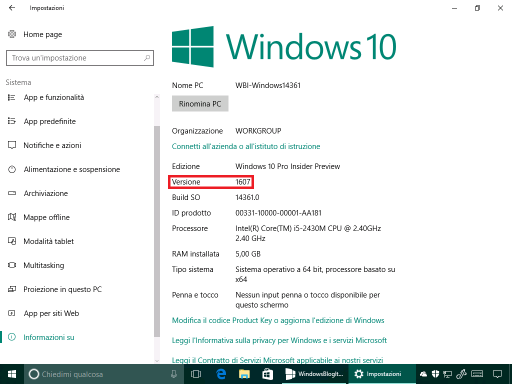 Versione 1607 - Windows 10 14361