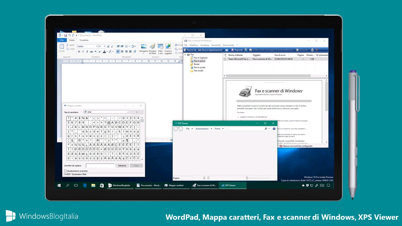 WordPad, Mappa caratteri, Fax e scanner, XPS Viewer - Windows Store e Windows 10