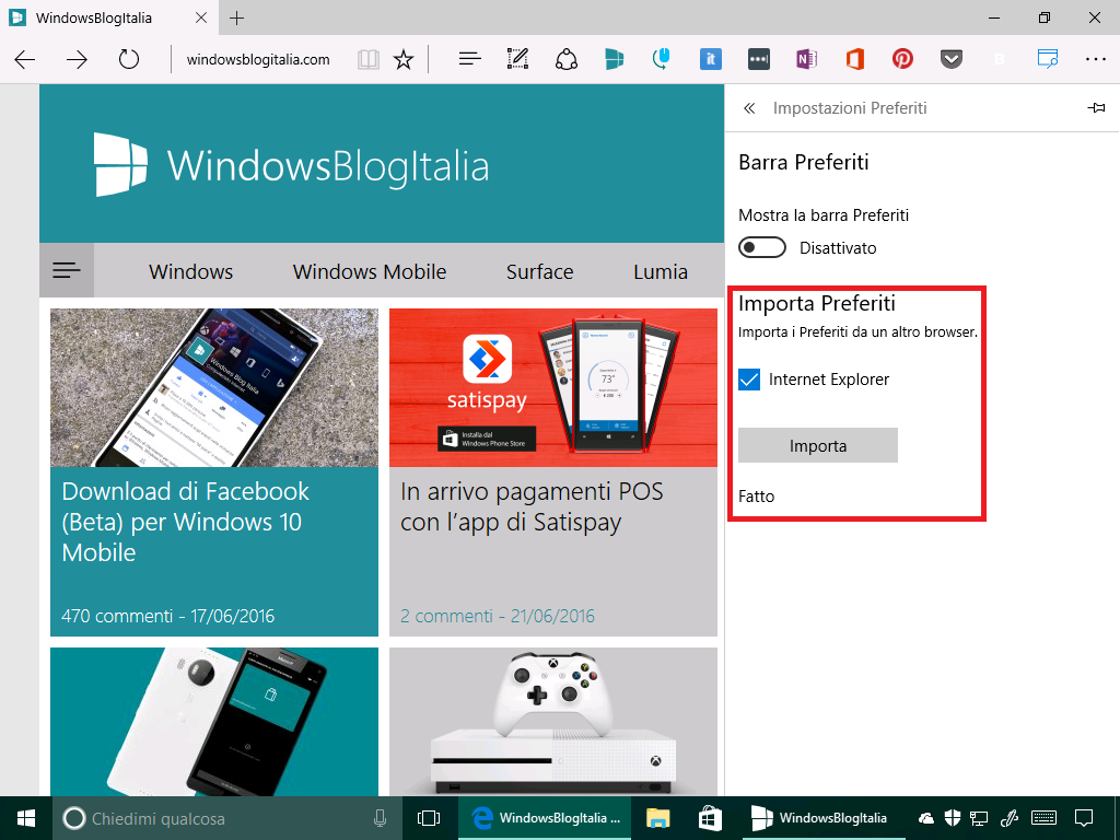 importa preferiti - microsoft edge