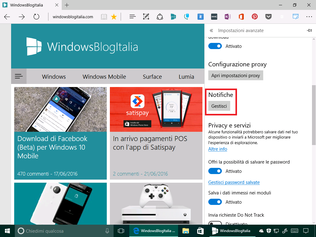 notifiche gestisci - microsoft edge