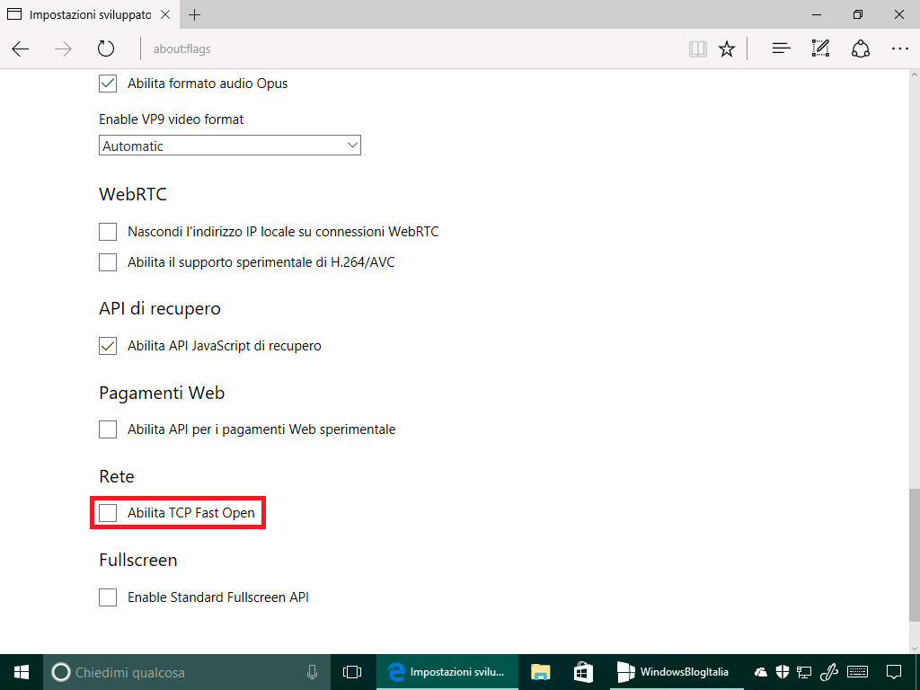 opzioni sperimentali - edge - windows 10 14361