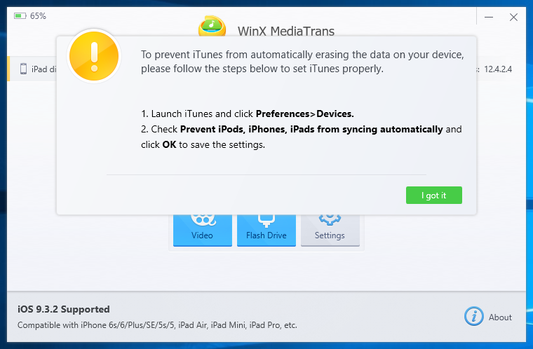 WinX MediaTrans - Avviso configurazione iTunes