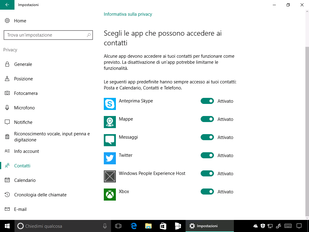PeopleBar Impostazioni - Windows 10 Build 14915