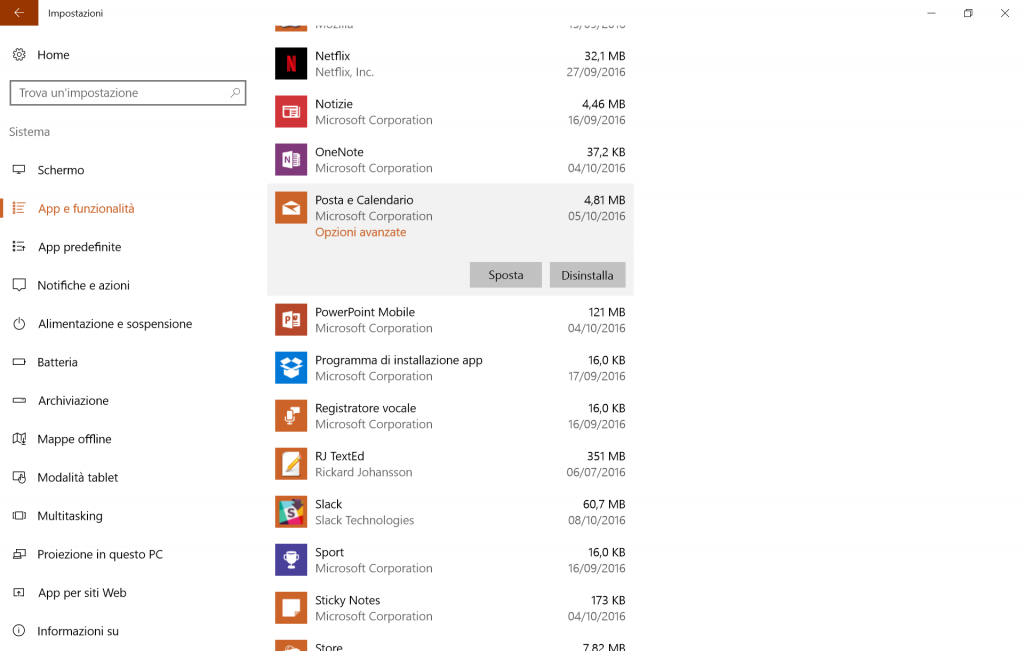 disinstallare app sistema windows 10