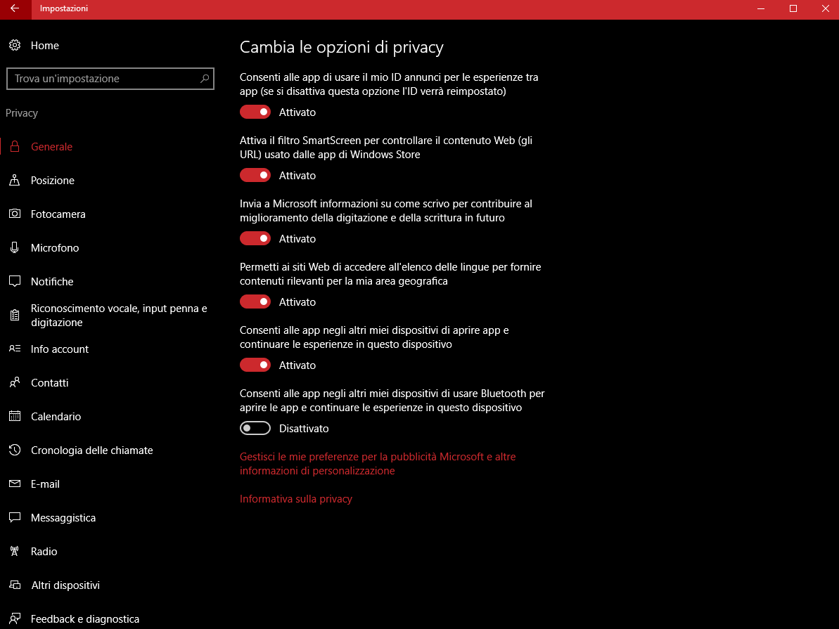 Impostazioni privacy Windows 10