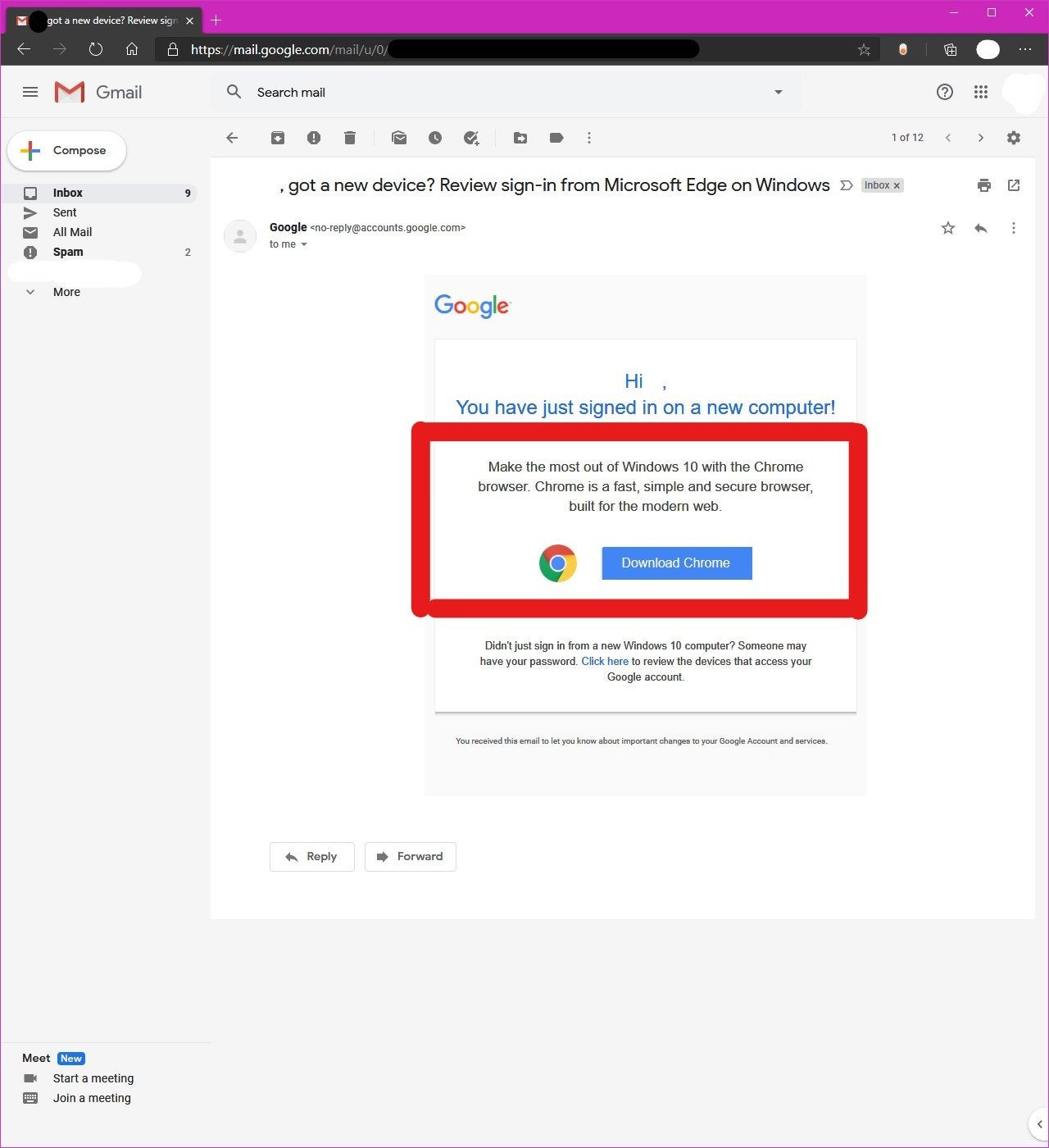 Nuovo avviso login su siti Google che invita a scaricare Chrome