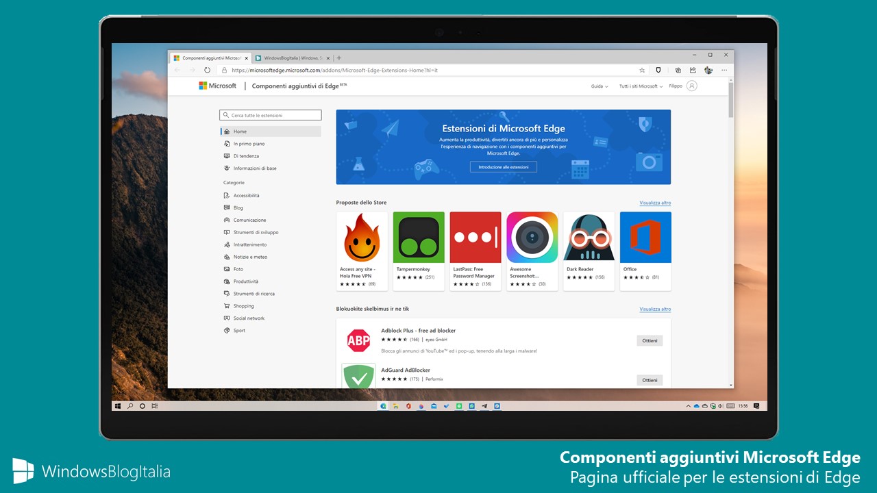 Pagina ufficiale componenti aggiuntivi Microsoft Edge