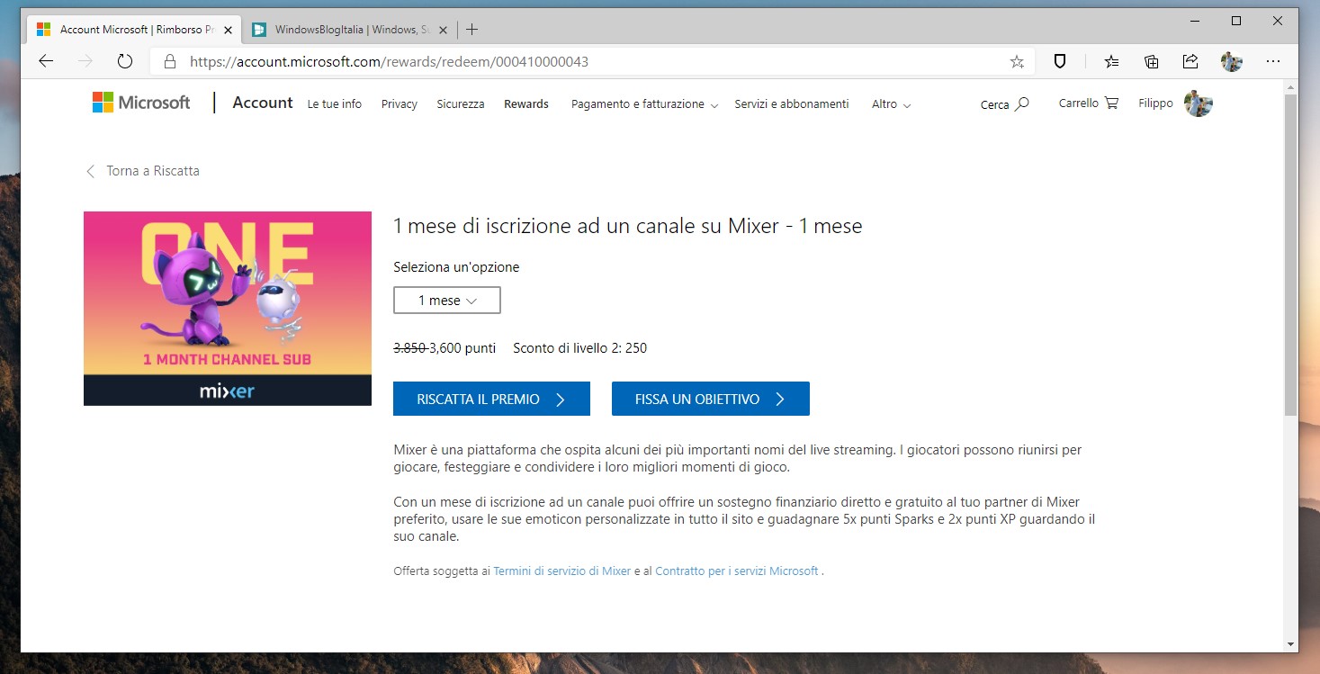 Microsoft Rewards riscatta premio 1 mese di sub su Mixer