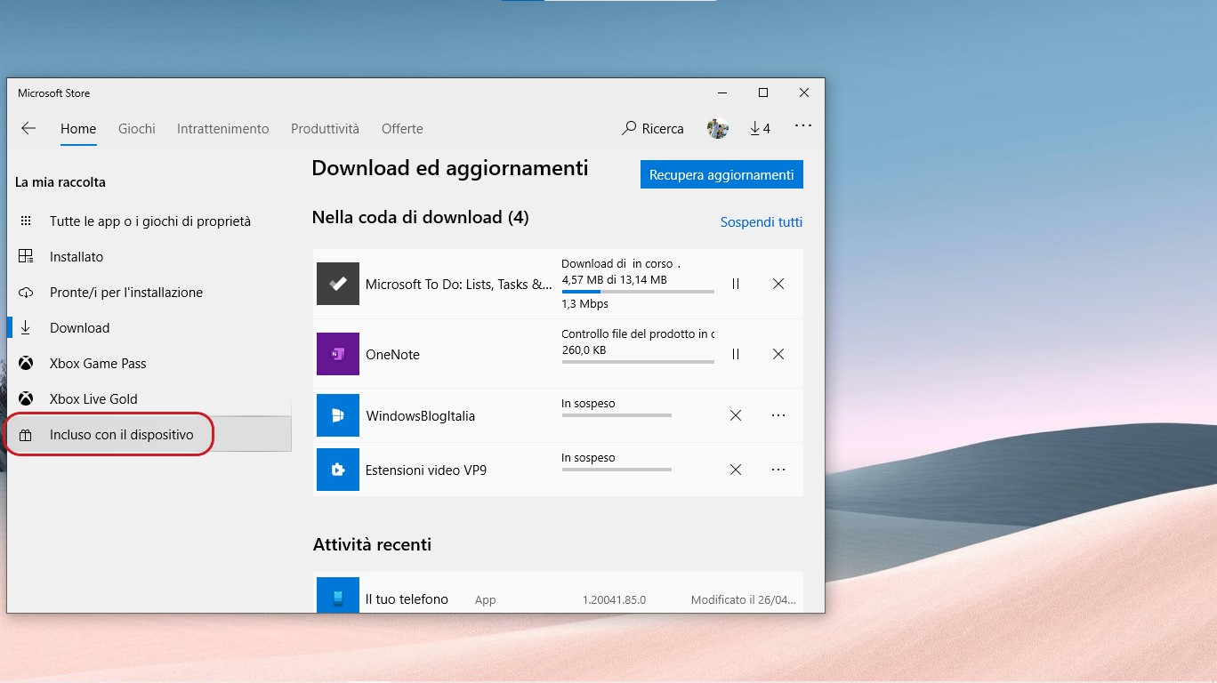 Microsoft Store per Windows 10 sotto-sezione Incluso con il dispositivo