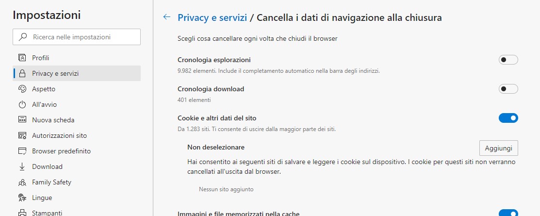 Migliore pulizia cookie in Microsoft Edge 83