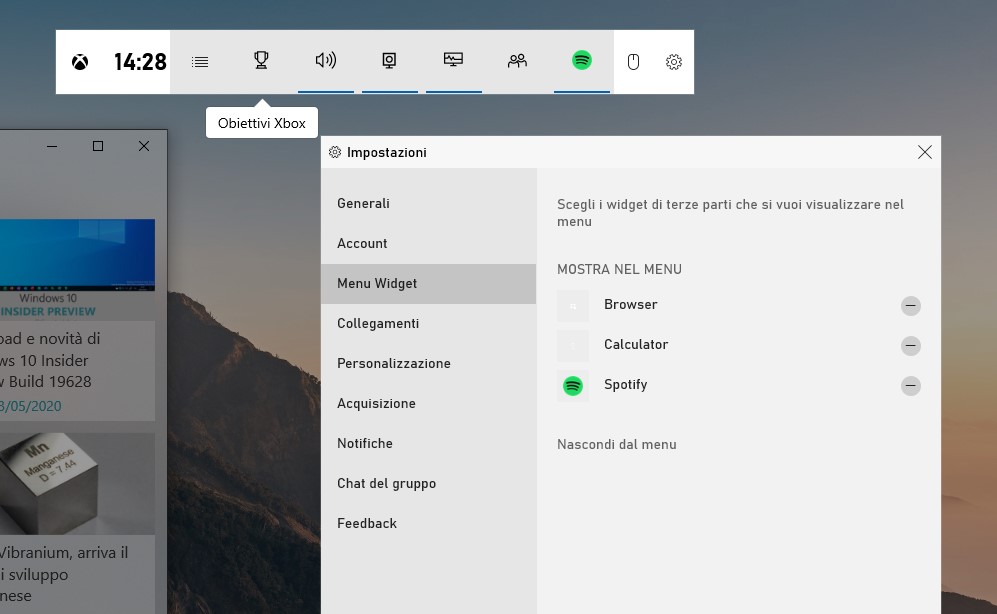 Menu Widget nelle impostazioni di Barra di Gioco Xbox per Windows 10