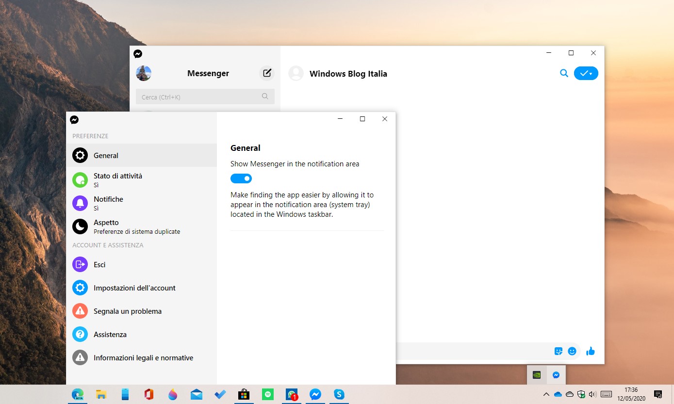Messenger icona app nella system tray su Windows 10