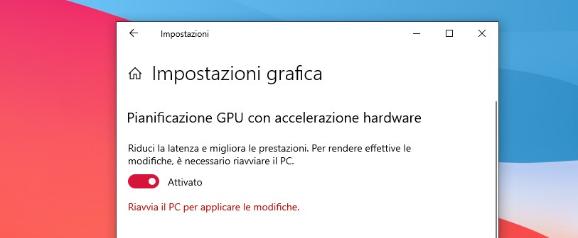 Impostazione Pianificazione GPU con accelerazione hardware in Windows 10