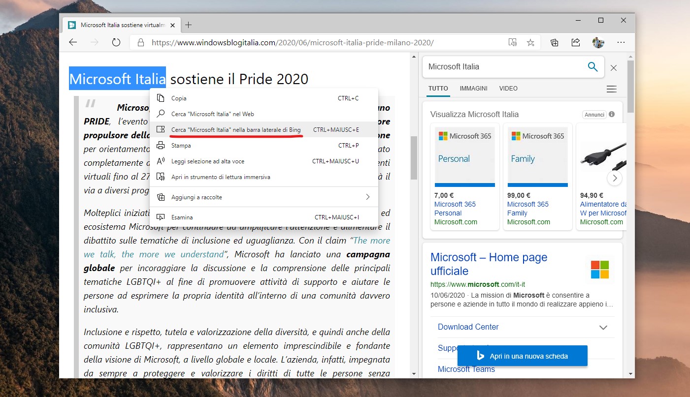 Microsoft Edge con barra di ricerca laterale di Bing