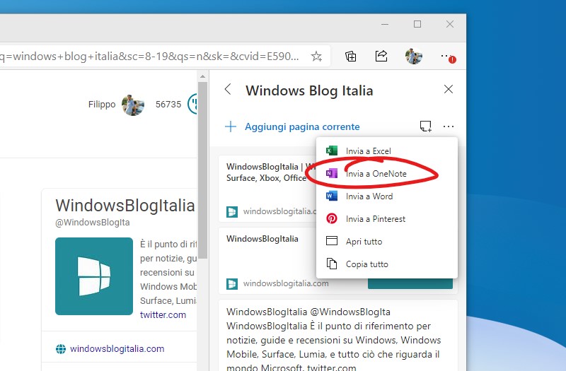 Microsoft Edge invia raccolta a OneNote